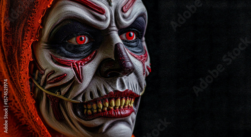 Wallpaper Mural Close-up of a theatrical red and white halloween character mask with red eyes, spooky theme for horror holiday. Torontodigital.ca