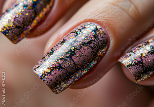 Wallpaper Mural Close up of a woman’s finger with a unique pink and black nail art design, showcasing glitter and abstract patterns for beauty and manicure concepts. Torontodigital.ca