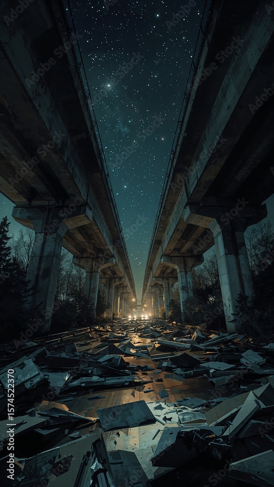 Obraz premium Crumbling highway overpass with scattered debris on night survival line art