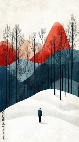 Winter scene with snow-covered landscape and bare dark trees. AI generative.