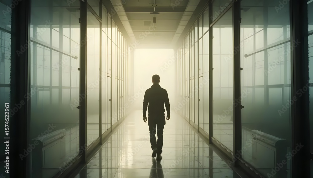 Fototapeta premium Man walking alone in bright hallway light, corridor perspective, loneliness concept art
