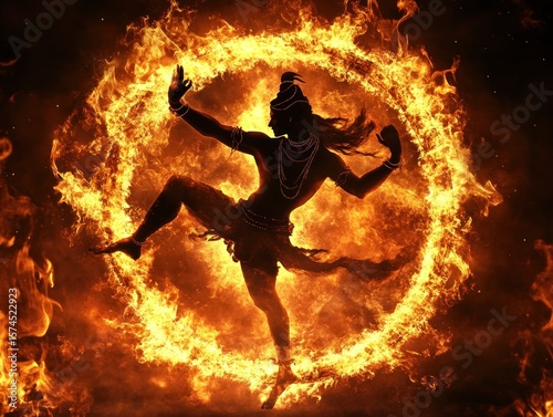 Hindu deity Shiva dancing in a fiery ring, a powerful and vibrant depiction of divine energy.