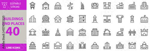 Buildings and places icon set. Containing Vector pictograms of dome, for tress, building, school, hospital, bank, modern house, places, city, home, house, hotel building and more editable icons.