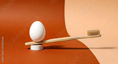 Aesthetic composition featuring a bamboo toothbrush and a single white egg in balance, set against a curved blend of warm terracotta and soft beige hues
