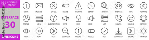 Interface icon set. Containing Vector pictograms of interface, icon, app, button, technology, element, lock, mute, sound, error, eye, zoom in, upload and more icons. Editable Stroke. Victor file.
