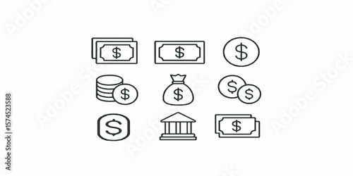 Print  Money icons. Finance vector set. Cash money line icon. Money isolated sign. Bank line icons. Dollar cash sign. Banking finance sign.
