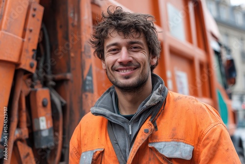 Trash Collector Portrait. Man Smiling While Collecting City Rubbish