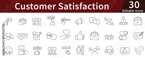 Customer Satisfaction Line Icons Set with Editable Stroke for Feedback, Rating, Service Quality, and Client Experience