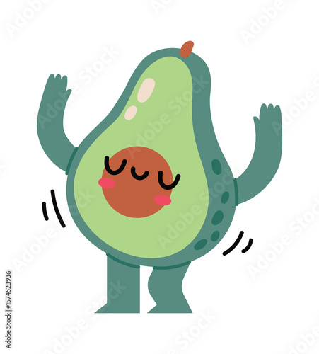 Joyful avocado cartoon character dancing with arms raised, celebrating healthy lifestyle, promoting healthy eating habits and adding a touch of whimsy to wellness concepts