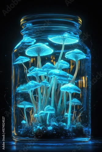 Luminescent fungi in a glass jar