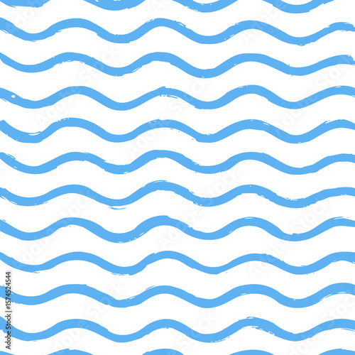 Seamless Wave Pattern Hand-Drawn Water Sea Background with Curly Grunge Watercolor Lines