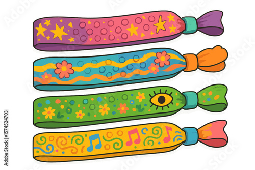 Colorful wristbands featuring playful designs in vibrant shades, suitable for festivals and events, displayed against a white background