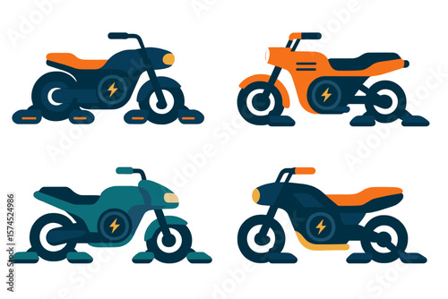 Electric motorcycles in vibrant designs displayed on a modern showroom floor at sunset