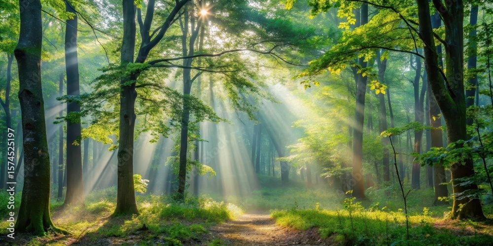 Obraz premium Soft morning light filtering through a dense forest canopy