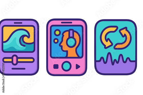 Digital icons representing audio content, sound waves, and user experience in a vibrant design