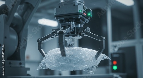 Robotic arm precisely gripping transparent bag automation in advanced production and modern technology