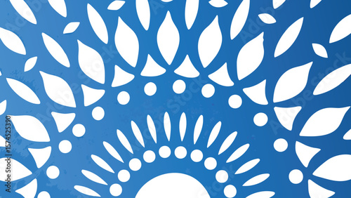 Blue background with a white floral and circular pattern radiating from the bottom center outward design