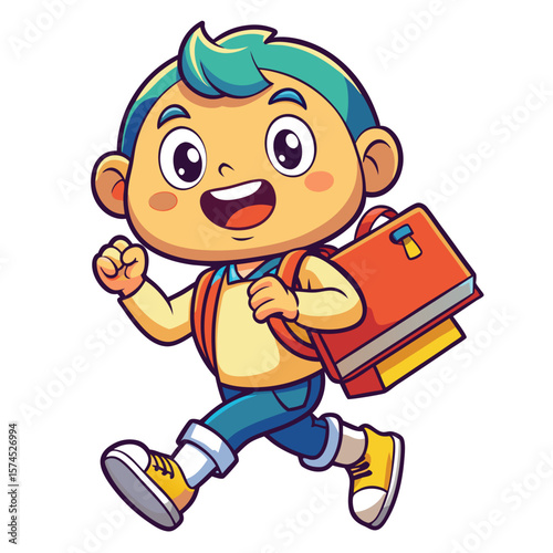 Cartoon boy with backpack, walking to school