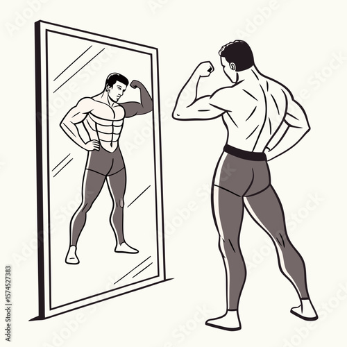 Muscular man flexing arm admiring reflection in mirror bodybuilder physique