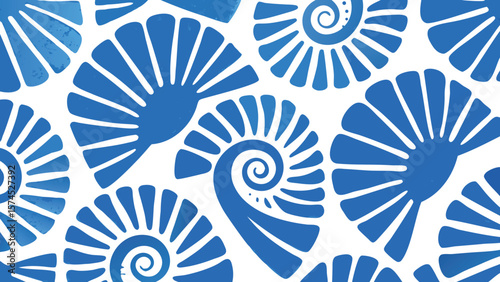 Pattern of blue stylized seashells with spiral and fan shapes on a white background is visible