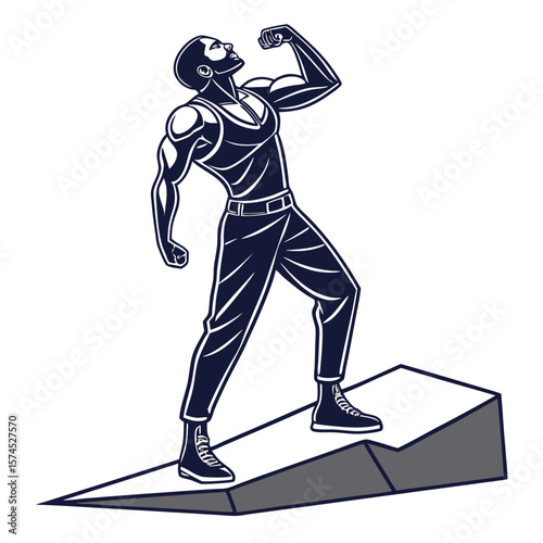 Muscular man flexing bicep on stage bodybuilder pose