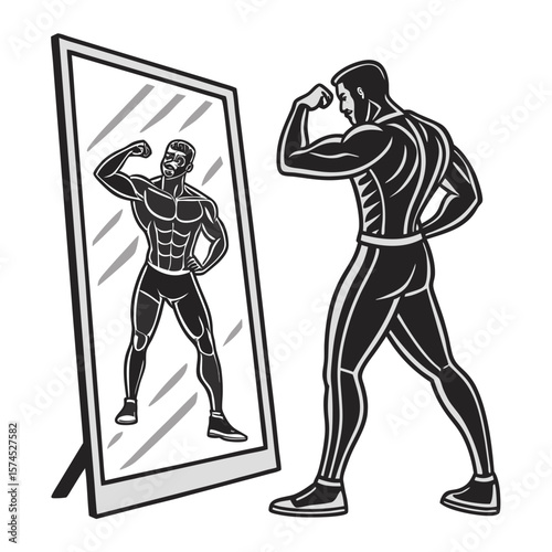 Muscular man flexing in mirror bodybuilder reflection