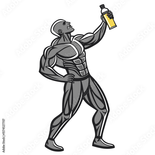 Muscular man holding yellow liquid bottle bodybuilder male