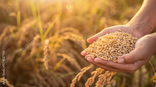 Farmers hands holding freshly harvested organic brown rice grains in outdoor natural sunlight