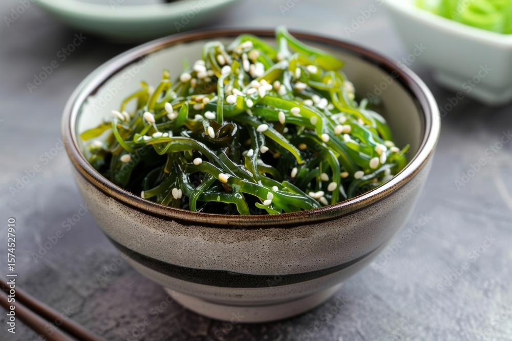 Healthy wakame seaweed diet meal with fresh vegetables and precise portion control on white background for balanced nutrition presentation Healthy wakame seaweed diet meal with fresh vegetables and precise portion control on white background for balanced nutrition presentation