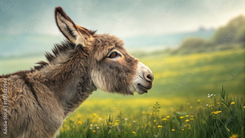 Fototapeta premium Donkey Portrait in Grassy Field