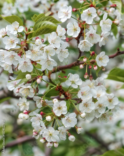 Korean cherry tree in full spring bloom with white flowers and red fruits flourishing in a lush garden setting