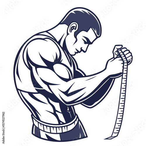 Muscular man measuring bicep with tape bodybuilder tape measure