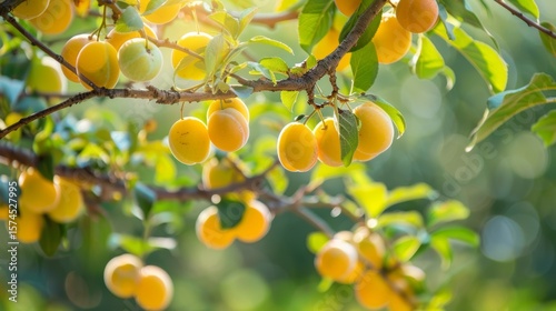 Ripe golden plums hanging from orchard tree branches in warm natural farming environment