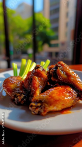 Delicious Chicken Wings Glazed with Sauce and Fresh Vegetables
