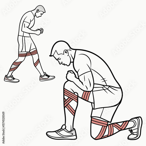 Muscular man wrapping knees with pink straps bodybuilder athlete