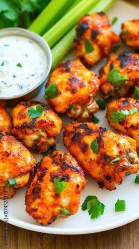 Crispy Chicken Wings with Celery and Dip on a White Plate