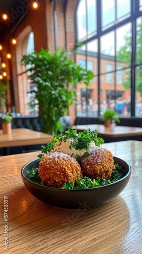 Delicious crispy fried balls on a rustic wooden table indoors