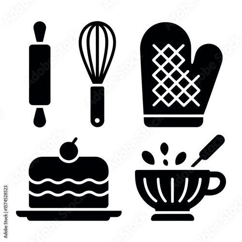 Baking and cooking icons including a cake whisk oven mitt and drink