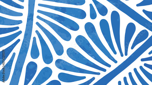 Abstract blue and white pattern featuring teardrop shapes and linear elements in a dynamic design