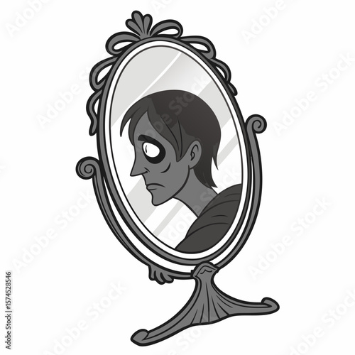 Ornate mirror reflecting a somber face reflection oval