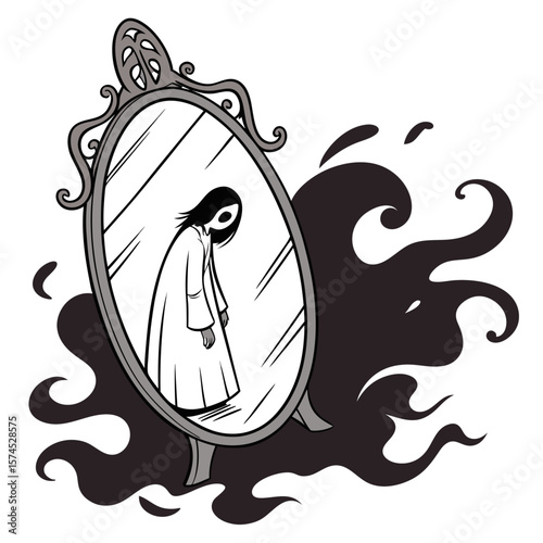 Ornate mirror reflecting ghostly figure with dark wisps reflection