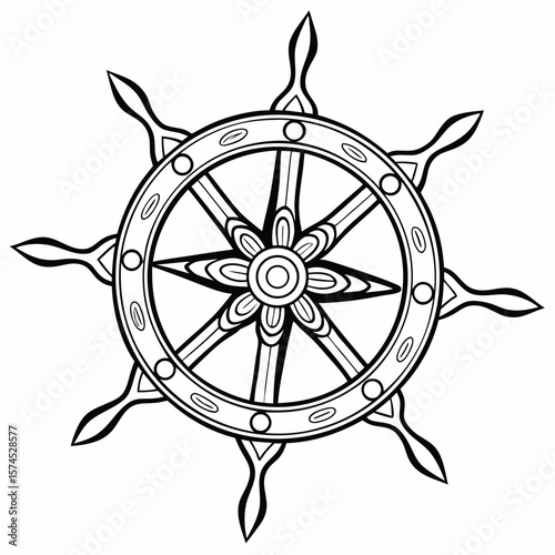 Ornate nautical steering wheel symbol with eight spokes ship wheel maritime