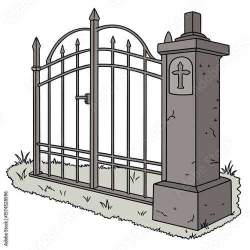 Ornate wrought iron graveyard gate with stone pillar and cross cemetery gate