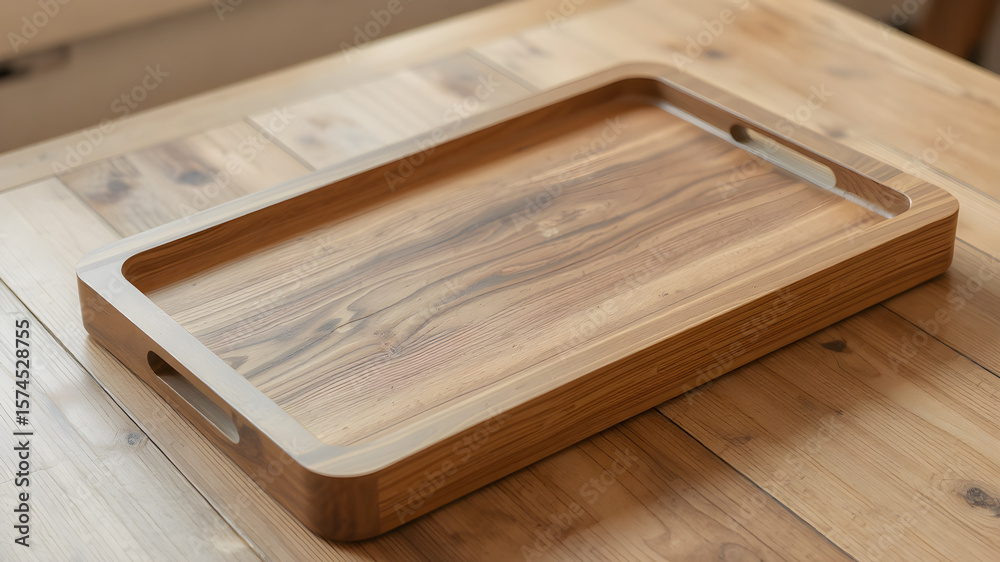 Fototapeta premium A wooden tray rests on a rustic wooden table, showcasing its natural grain and texture. Perfect for serving food or decorative arrangements in a cozy setting