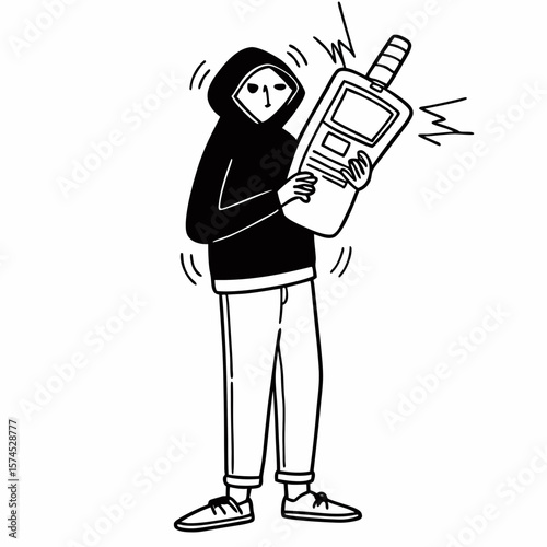 Person with hooded jacket holding emf detector ghost hunter paranormal investigation