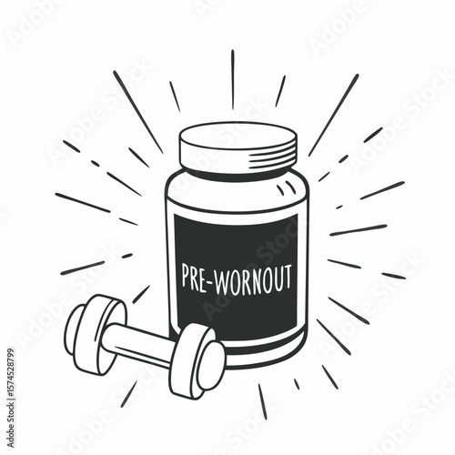 Pre workout supplement bottle and dumbbell fitness