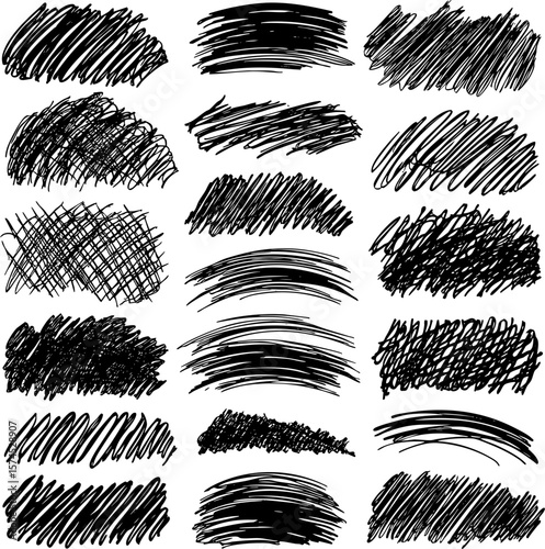 A collection of hand-drawn vector grunge textures. Square shapes filled with dense scribbles and hatching, adding dynamic texture to artistic backgrounds and overlays.