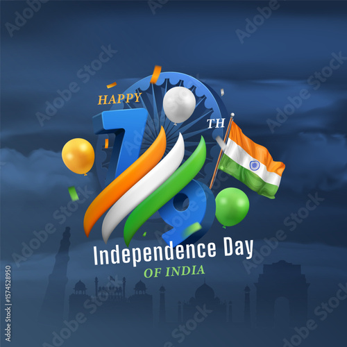 15th august india independence day square banner with 3d 79 number, tricolor ribbon, flag, balloons, and ashoka chakra on dark cloudy blue background