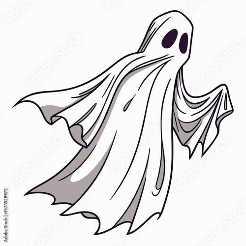 Spectral apparition with dark eyes and flowing white fabric ghost spirit