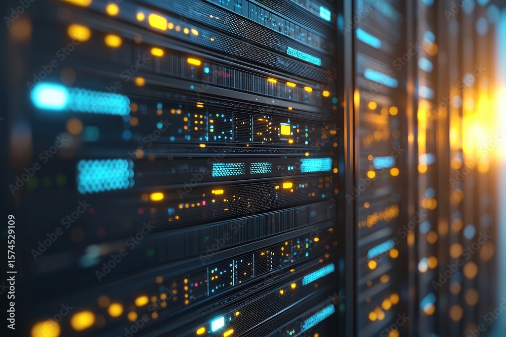 Naklejka premium Server rack with vibrant blue and amber LED indicators in a futuristic data center, ideal for illustrating cloud infrastructure, cybersecurity, or high-performance computing
